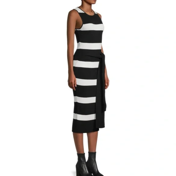 Toccin Bernadet Black/White Belted Striped Knit Midi-Dress Saks Fifth Avenue, L